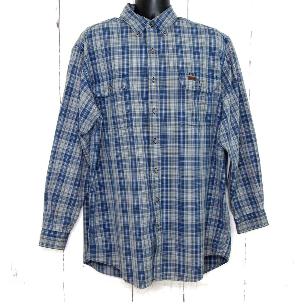 Vintage Carhartt Men's Long Sleeve Button Up Shirt Blue Plaid Cotton Size XLT